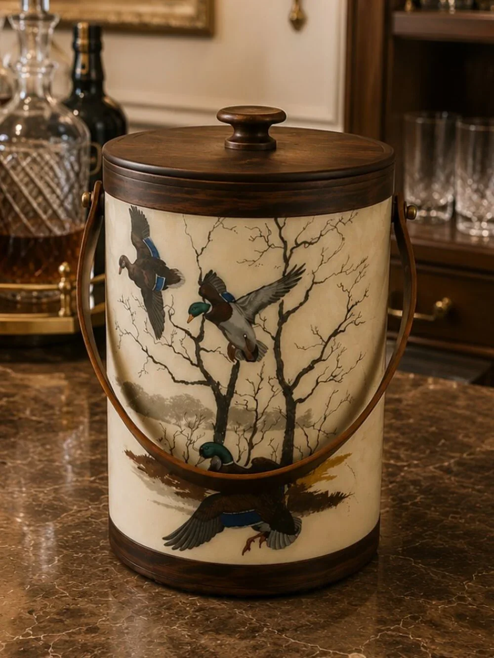 Vintage Mallard Duck Ice Bucket With Detailed Wildlife and Leather Swing Handle